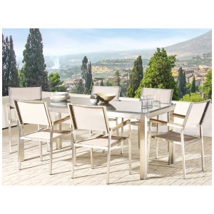 Set da giardino Beliani Grosseto con 6 sedie, granito lucido/beige, per patio e giardino.