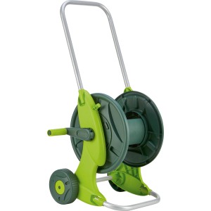 Carrello avvolgitubo LUX in plastica senza tubo, verde e grigio, con manovella e ruote.