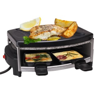 Appareil à raclette Nouvel noir pour 4 personnes avec plaque grill, pierre et poêlons. Poisson, pommes de terre, fromage.
