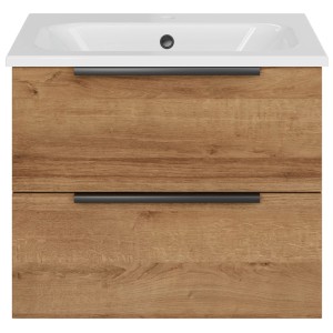 Meuble sous-vasque Pelipal Quantum 07, Chêne Riviera, largeur 60 cm, avec 2 tiroirs et poignées noires.