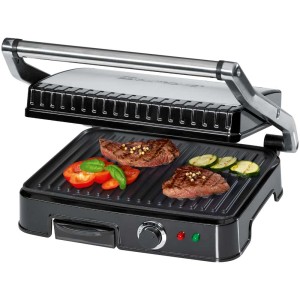 Grill Clatronic KG 3487 con bistecche e verdure su superficie antiaderente.