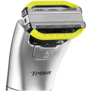 Tondeuse Trisa Vario Blade 2en1, gros plan de la tête de rasage avec accessoire jaune.