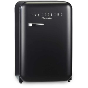 Schwarzer Trisa Kühlschrank Frescolino Classic im Retro-Design mit silbernem Griff.