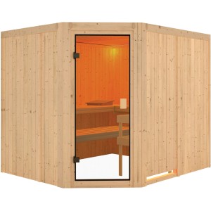Sauna Karibu Horna con ingresso ad angolo e porta in vetro bronzato. Sauna in legno massello con interni.