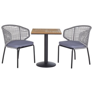 Ensemble bistro Beliani Palmi gris avec table et deux chaises avec coussins, idéal pour balcon ou terrasse.