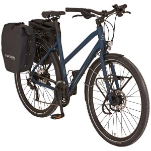 Bicicletta da trekking da donna blu Prophete Entdecker 20.BTT.10 da 28 pollici con borse laterali.