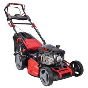 Rasaerba a benzina Scheppach MS225-53, nero e rosso, con cesto di raccolta.