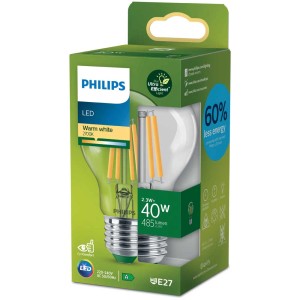 Ampoule LED Philips E27, 2,3W (équivalent 40W), blanc extra chaud, dans un emballage vert.