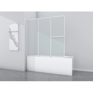 Paroi de baignoire Aurlane White Comfort, 3 volets, cadre blanc et verre dépoli.