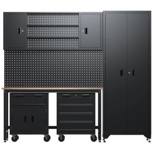 Set officina Güde nero 6 pz: banco da lavoro, armadi, pannello forato, carrelli.