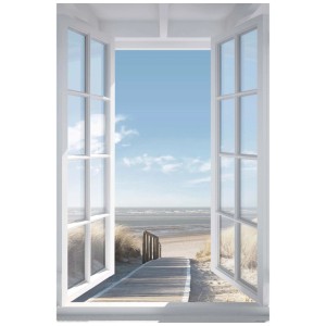 Maxiposter Northsea Window: Poster mit Blick durch ein geöffnetes Fenster auf Strand und Meer.