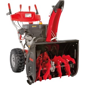 Fraise à neige à essence Al-Ko Snowline 620 E III avec boîtier rouge et pneus à crampons.