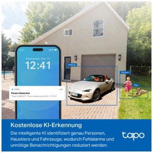 Tapo C460 Überwachungskamera mit Solarpanel: KI-Erkennung von Person, Tier und Fahrzeug im Garten.
