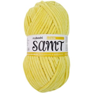 Laine Myboshi Chenille Velvet Chick, fil jaune pour projets de crochet et tricot.