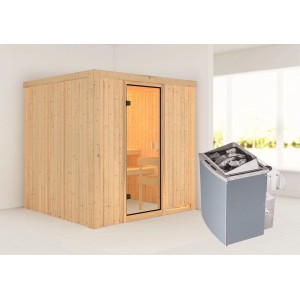 Sauna Woodfeeling Tromsö con stufa e porta in vetro, sauna in legno massello per la casa.