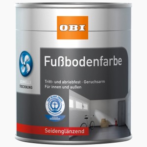 Dose OBI Fußbodenfarbe, graubeige, seidenglänzend, für Innen- und Außenbereiche.
