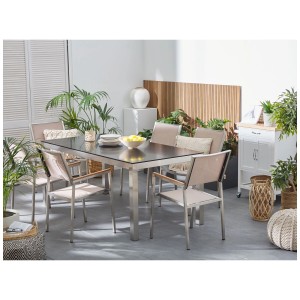 Ensemble de meubles de jardin Beliani Grosseto avec 6 chaises, plateau en verre noir/beige. Ensemble de jardin pour 6 personnes.