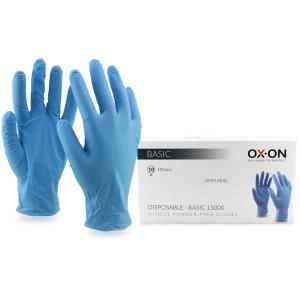 Guanti monouso Ox-On Basic 15000 taglia 8, in nitrile blu, senza polvere, con scatola.
