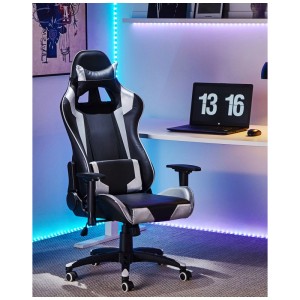 Sedia gaming Beliani Knight, nero-argento in similpelle, con cuscini per collo e schiena.
