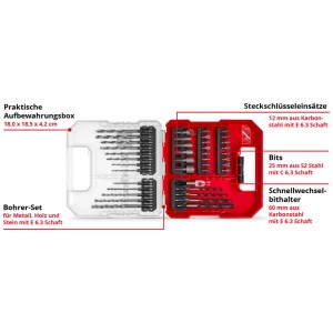 Einhell L-Case set d'accessoires, 40 pièces, avec forets, embouts et douilles dans une boîte de rangement.