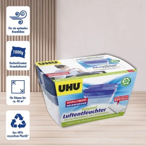 Déshumidificateur UHU Original 1000g avec sac de granulés dans récipient bleu. Pour climat et humidité optimaux.