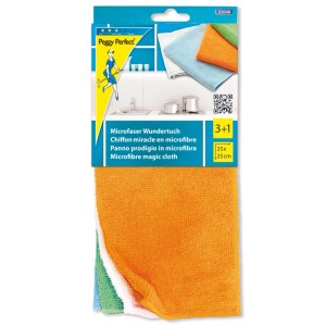 Chiffons microfibres Peggy Perfect, 4 pièces, 30x35 cm, orange, bleu, vert, blanc pour nettoyage sans traces.