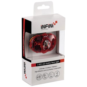 Feu arrière de vélo noir Infini Vista I-406R, emballé. Feu arrière LED à piles pour plus de sécurité.