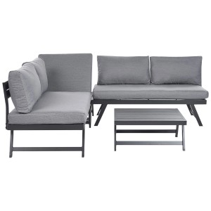 Ensemble lounge Coccorino noir 5 places en aluminium avec coussins gris et table.