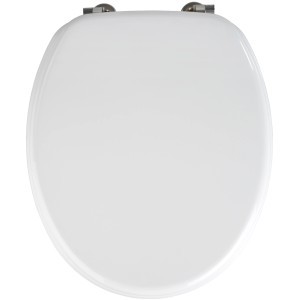 Wenko Sedile WC Valencia bianco, in MDF con cerniere in acciaio inox, vista dall'alto.
