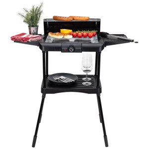 Grill elettrico nero Nouvel Fly con ripiani e cibo grigliato.