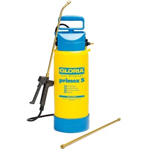 Pulvérisateur à pression Gloria Primex 5 : Pulvérisateur jaune et bleu avec lance en laiton et rallonge pour jardin et soin des plantes.