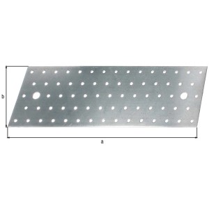 Verzinkte Lochplatte aus Stahl, 300 x 100 mm, zur Verbindung von Holzplatten mit Löchern für Schrauben.