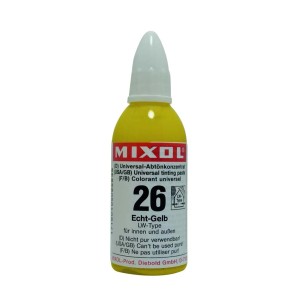 Mixol Abtönfarbe Nr. 26 Echtgelb, 20g. Abtönkonzentrat in gelber Flasche.