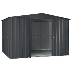 Abri de jardin en métal anthracite (179,5x296x248cm) avec porte coulissante et sans plancher.