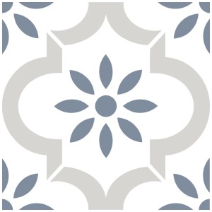 Piastrella decorativa Casablanca Asolo, opaca, 20x20 cm con motivo floreale grigio-blu su bianco.