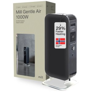 Termosifone elettrico Mill Gentle Air 1000W nero con display LED e piedini in alluminio. Design norvegese, riscaldamento più rapido.