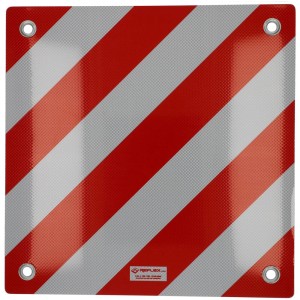 Pannello di segnalazione quadrato in metallo con strisce rosse e bianche e occhielli per segnalare carichi sporgenti.