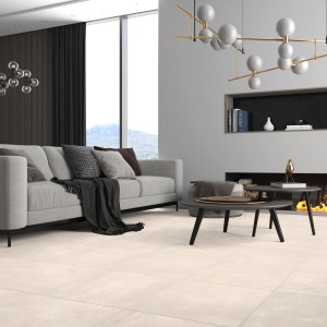 Soggiorno luminoso con piastrelle per pavimenti in gres porcellanato Denver in bianco, opaco e rettificato, formato 30x60 cm.