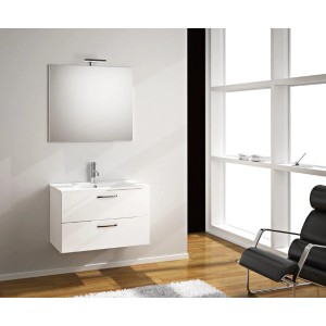 Ensemble de meubles de salle de bain Noa, 80 cm, avec meuble-lavabo blanc brillant, lavabo et miroir avec lampe LED.
