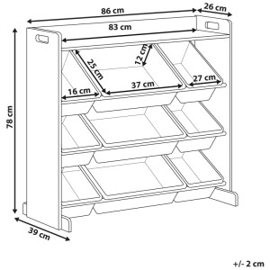 Dessin technique de l'étagère enfant Beliani Collie, MDF gris, avec 9 bacs. Dimensions: 78x86x39 cm.