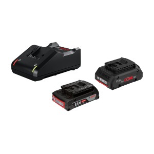 Kit de démarrage batterie Bosch Professional : chargeur 18 V, batteries 2 Ah et 4 Ah.