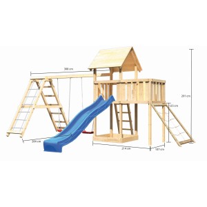 Tour de jeu Karibu Lotti avec balançoire double, structure d'escalade, toboggan et filet. Bois naturel, toboggan bleu.