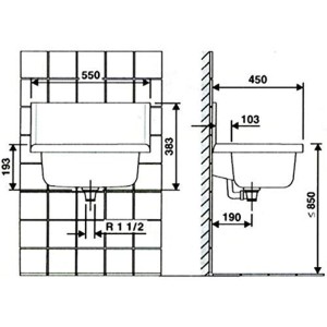 Schizzo del lavatoio Compact Bianco con dimensioni per l'installazione.