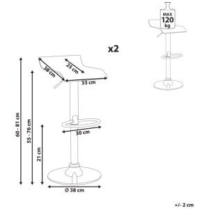 Dessin technique tabouret de bar Beliani Neum, lot de 2. Réglable en hauteur, pivotant, assise acrylique, structure métal. Max 120 kg.