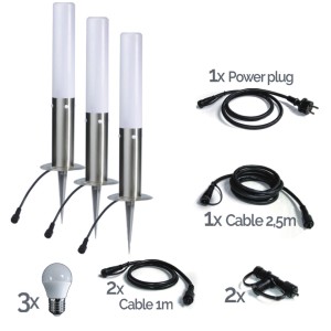 Set di 3 luci LED da giardino (5W) in acciaio inox, con cavi, spina e lampadine.
