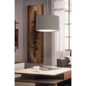 Moderna lampada a sospensione Eglo Pasteri con paralume in tessuto color tortora, finitura nichel opaco, Ø 38cm. Ideale per soggiorno e sala da pranzo.