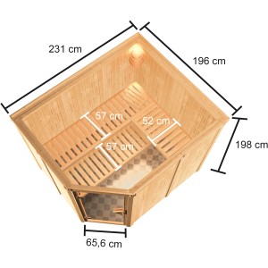 Sauna Karibu Horna con stufa, porta in vetro bronzato, vista interna con dimensioni delle panche.