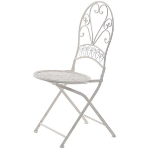 Sedia bianco antico con dettagli decorativi, parte del set da terrazzo 3 pezzi.