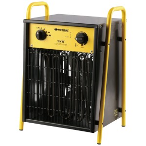 Termoventilatore Sonnenkönig Ventus 900: Stufa verticale con telaio giallo e corpo nero.