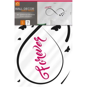 Sticker mural Infinity taille L avec symbole infini, lettrage Forever et papillons.